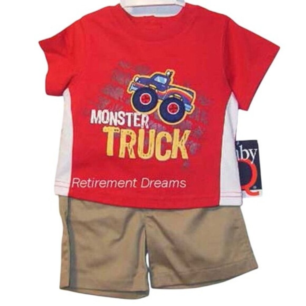 BABY Q 3 6 Months Infant Khaki Shirt Top Shorts SET Monster Truck NEW